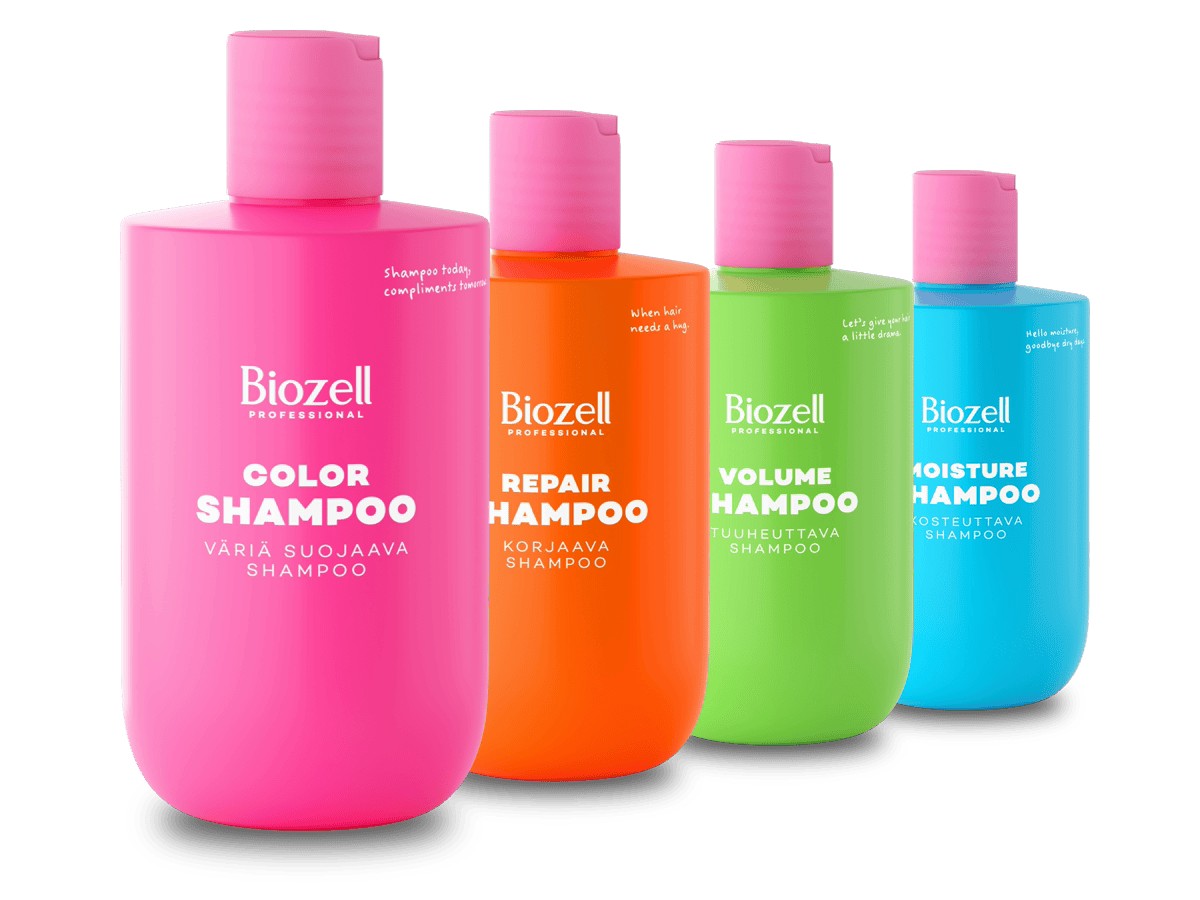 Biozell Color, Repair, Volume ja Moisture shampoot