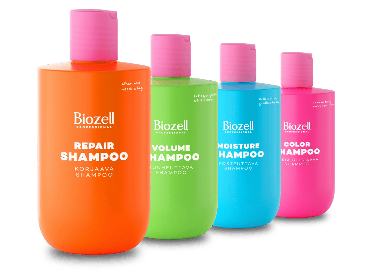 Biozell Repair, Volume, Moisture ja Color shampoot